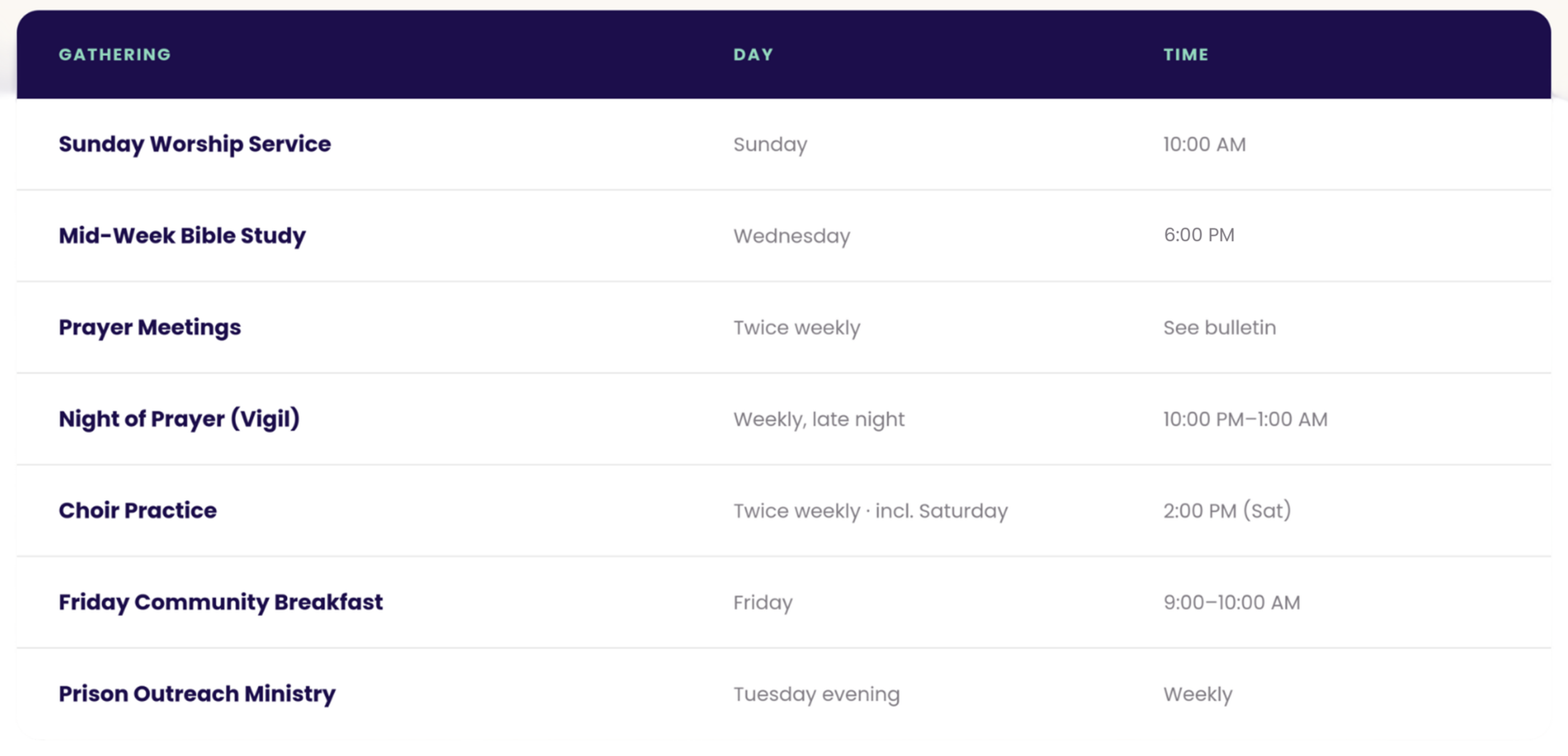 True Vine UK Church Schedule Table