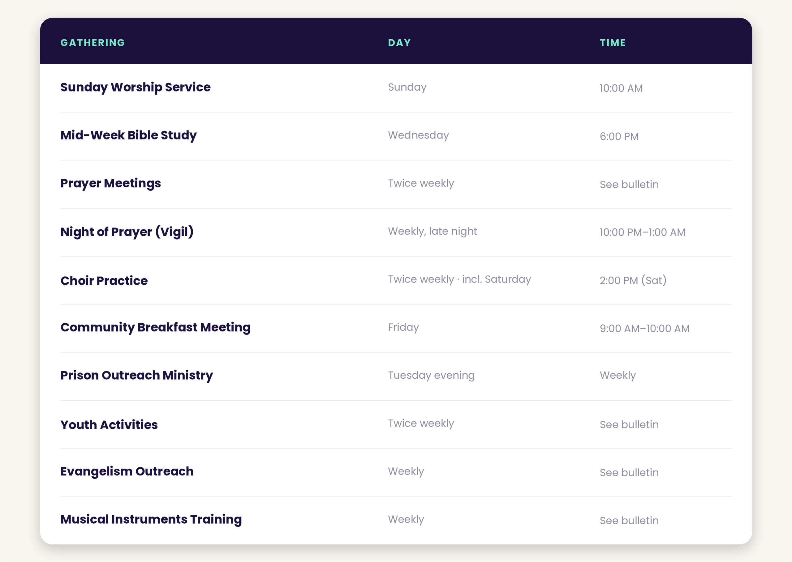 True Vine UK Church Schedule Table